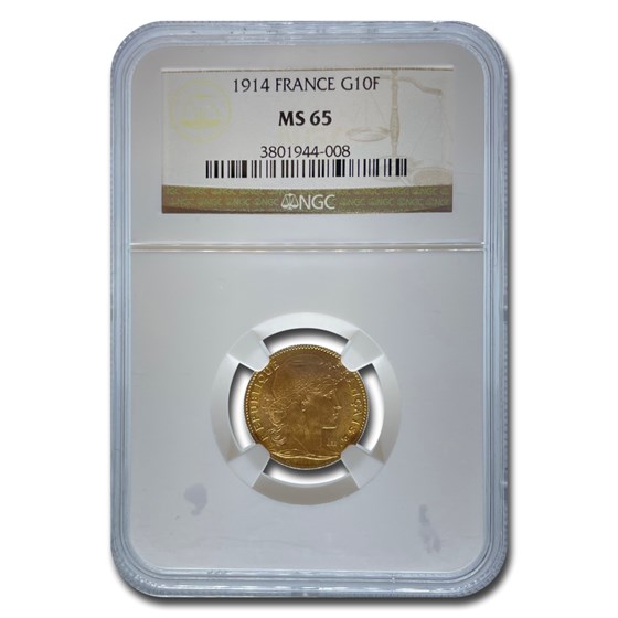 1914 France Gold 10 Francs Rooster MS-65 NGC 1914 France Gold 10 Francs Rooster MS-65 NGC