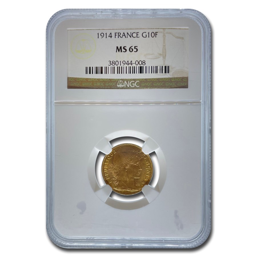 1914 France Gold 10 Francs Rooster MS-65 NGC