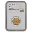 1914 France Gold 20 Francs MS-67 NGC