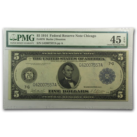 1914 (G-Chicago) $5.00 FRN Ch XF-45 EPQ PMG 1914 (G-Chicago) $5.00 FRN Ch XF-45 EPQ PMG