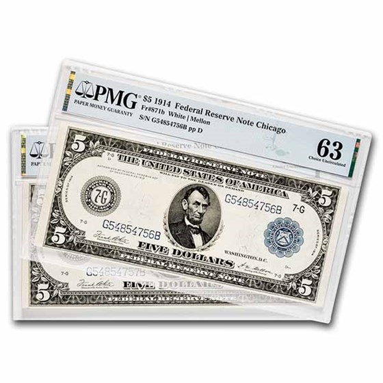 1914 (G-Chicago) $5.00 FRN CU-63/64 PMG (Fr#871b) 2 Consecutive