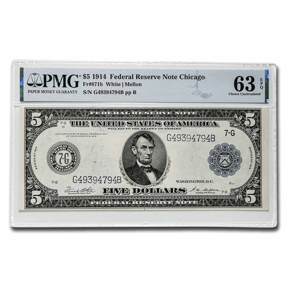 1914 (G-Chicago) $5.00 FRN CU-63 EPQ PMG (Fr#871b) 1914 (G-Chicago) $5.00 FRN CU-63 EPQ PMG (Fr#871b)