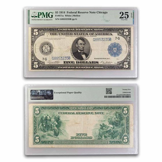 1914 (G-Chicago) $5.00 FRN VF-25 EPQ PMG (Fr#871a) 1914 (G-Chicago) $5.00 FRN VF-25 EPQ PMG (Fr#871a)
