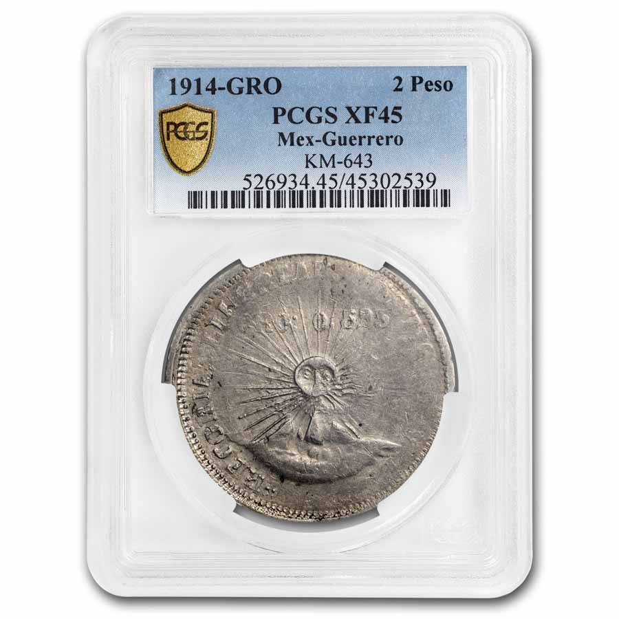1914-GRO Mexico Electrum 2 Pesos Guerrero XF-45 PCGS