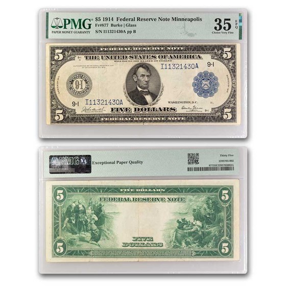 1914 (I-Minneapolis) $5 FRN VF-35 EPQ PMG (Fr#877) 1914 (I-Minneapolis) $5 FRN VF-35 EPQ PMG (Fr#877)
