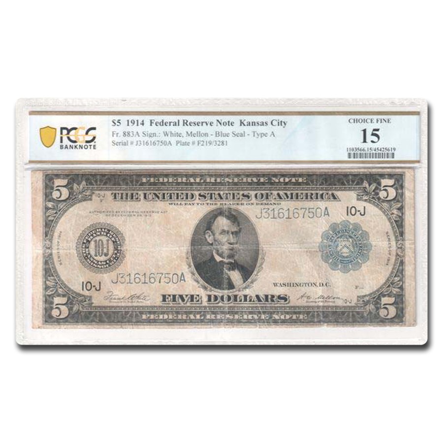 1914 (J-Kansas City) $5.00 FRN F-15 PMG (Fr#883A)