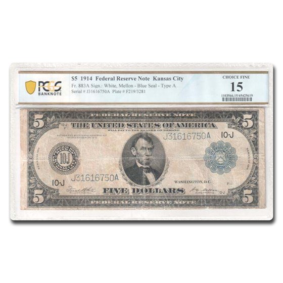 1914 (J-Kansas City) $5.00 FRN F-15 PMG (Fr#883A) 1914 (J-Kansas City) $5.00 FRN F-15 PMG (Fr#883A)
