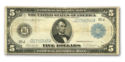 1914 (J-Kansas City) $5.00 FRN Fine (SN#J22766345A) 1914 (J-Kansas City) $5.00 FRN Fine (SN#J22766345A)