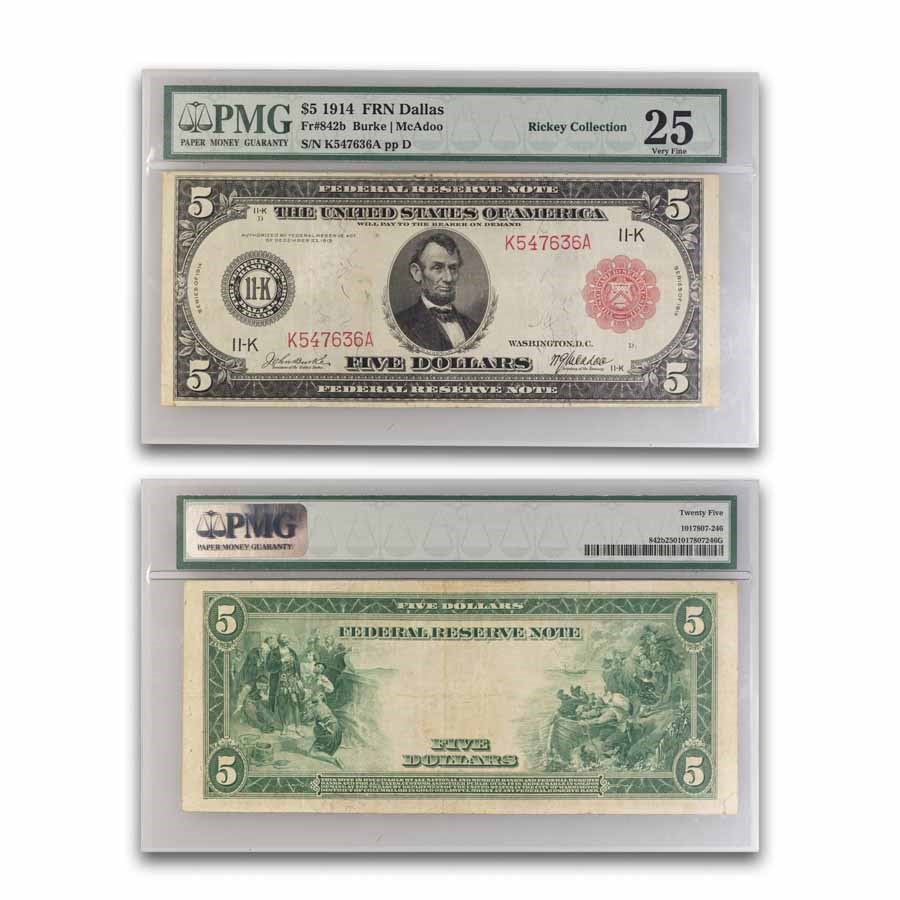 1914 (K-Dallas) $5.00 FRN VF-25 PMG (Fr#842B) Red Seal