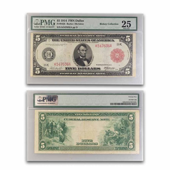 1914 (K-Dallas) $5.00 FRN VF-25 PMG (Fr#842B) Red Seal 1914 (K-Dallas) $5.00 FRN VF-25 PMG (Fr#842B) Red Seal