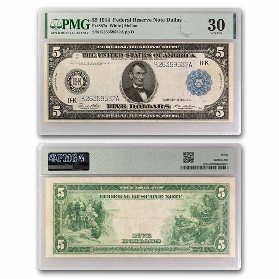 1914 (K-Dallas) $5.00 FRN VF-30 PMG (Fr#887) 1914 (K-Dallas) $5.00 FRN VF-30 PMG (Fr#887)