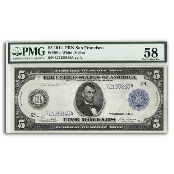 1914 (L-San Francisco) $5.00 FRN AU-58 PMG (Fr#891A)
