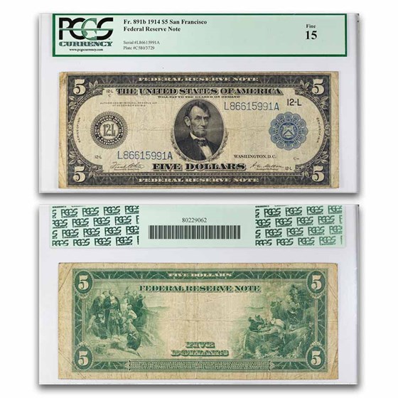 1914 (L-San Francisco) $5.00 FRN Fine 15 PCGS (Fr#891B)
