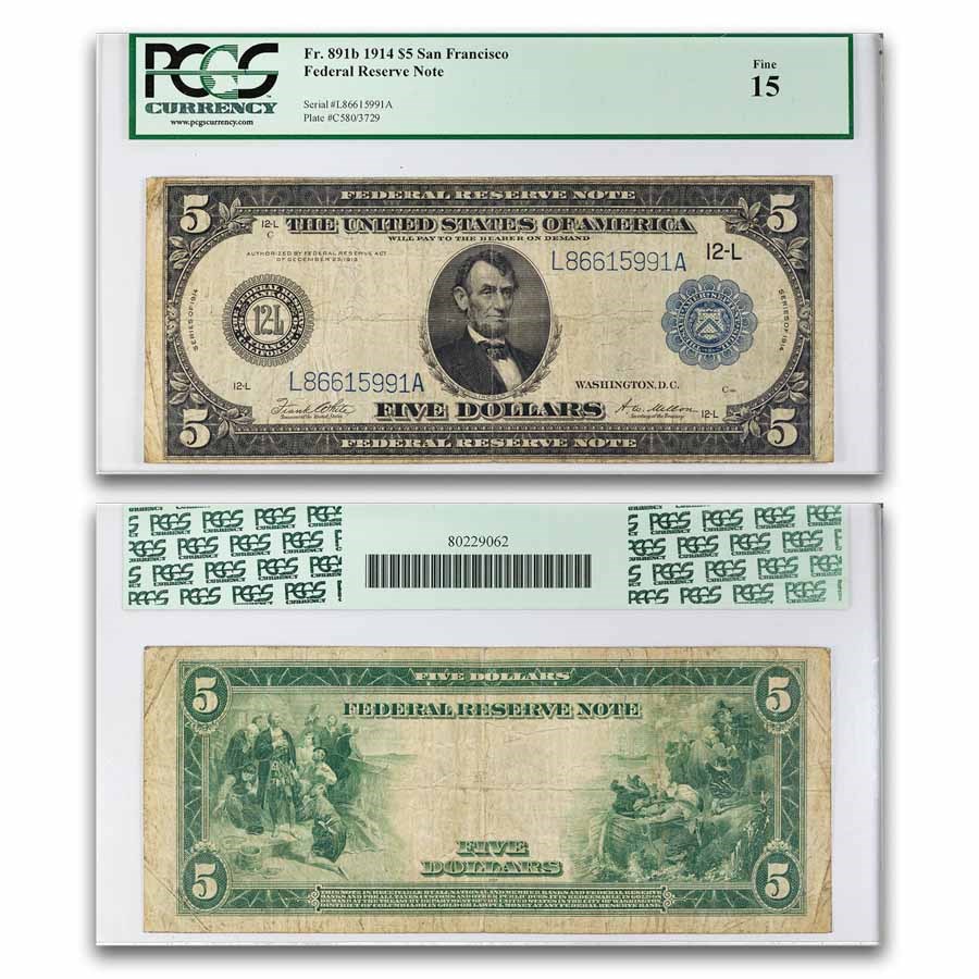 1914 (L-San Francisco) $5.00 FRN Fine 15 PCGS (Fr#891B)
