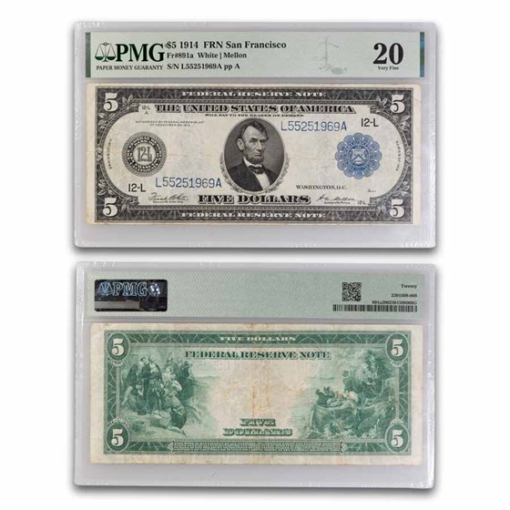 1914 (L-San Francisco) $5.00 FRN VF-20 PMG (Fr#891a) 1914 (L-San Francisco) $5.00 FRN VF-20 PMG (Fr#891a)