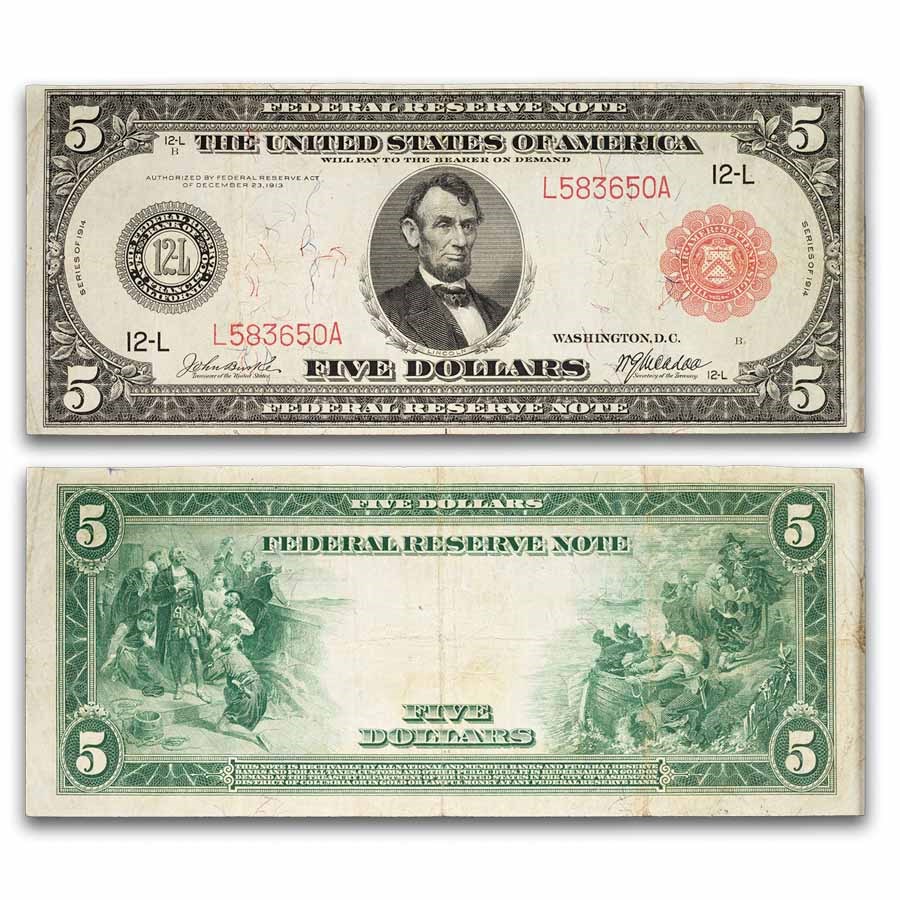 1914 (L-San Francisco) $5.00 FRN VF (Fr#841A) Red Seal