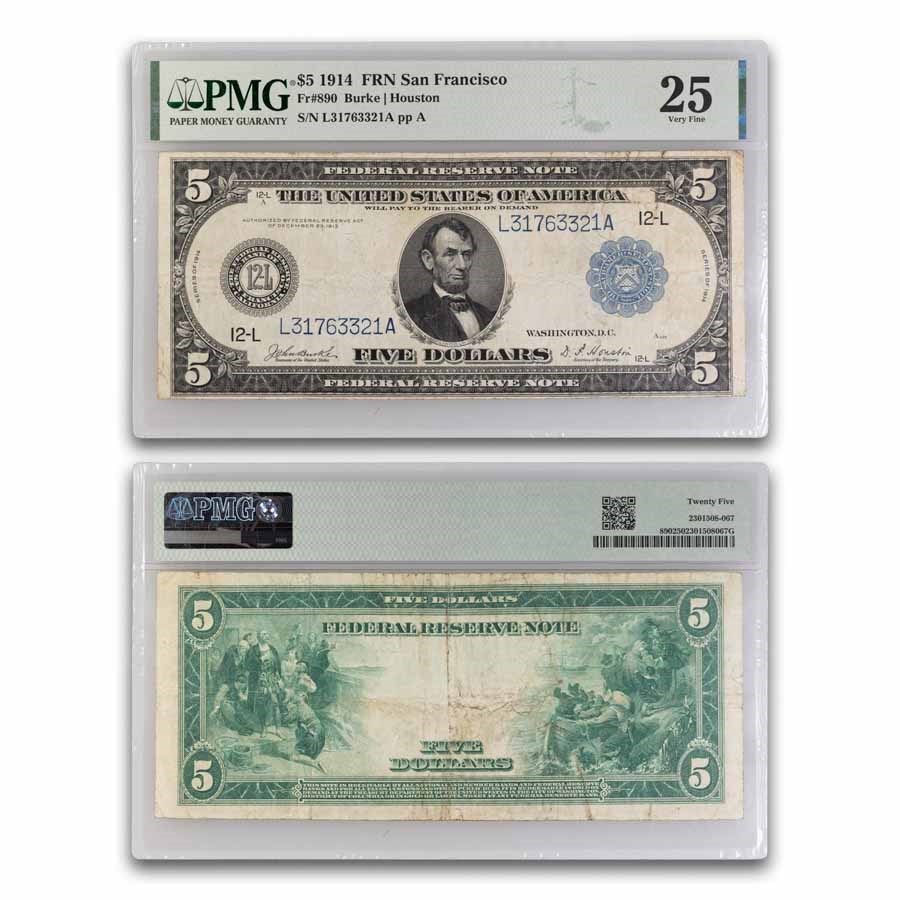 1914 (L-San Francisco) $5 FRN VF-25 PMG (Fr#890)