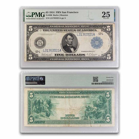 1914 (L-San Francisco) $5 FRN VF-25 PMG (Fr#890) 1914 (L-San Francisco) $5 FRN VF-25 PMG (Fr#890)