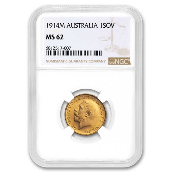 1914-M Australia Gold Sovereign George V MS-62 NGC 1914-M Australia Gold Sovereign George V MS-62 NGC