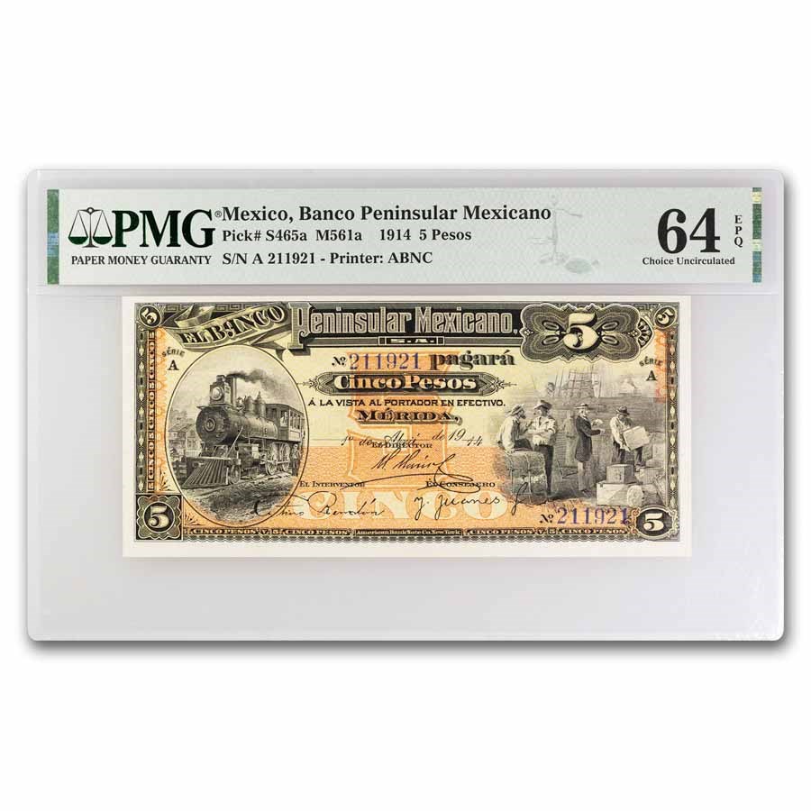 1914 Mexico 5 Pesos Banknote CU-64 EPQ PMG