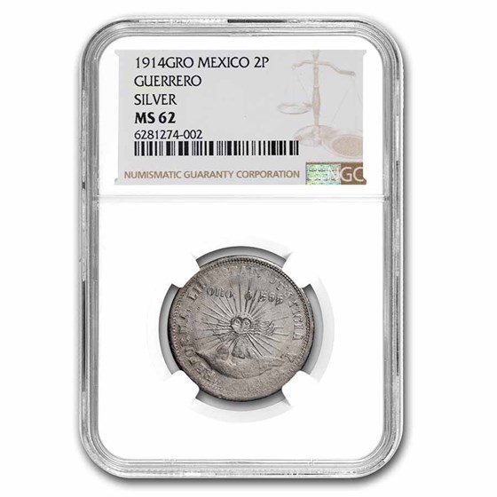 1914 Mexico Silver 2 Pesos Guerrero MS-62 NGC 1914 Mexico Silver 2 Pesos Guerrero MS-62 NGC