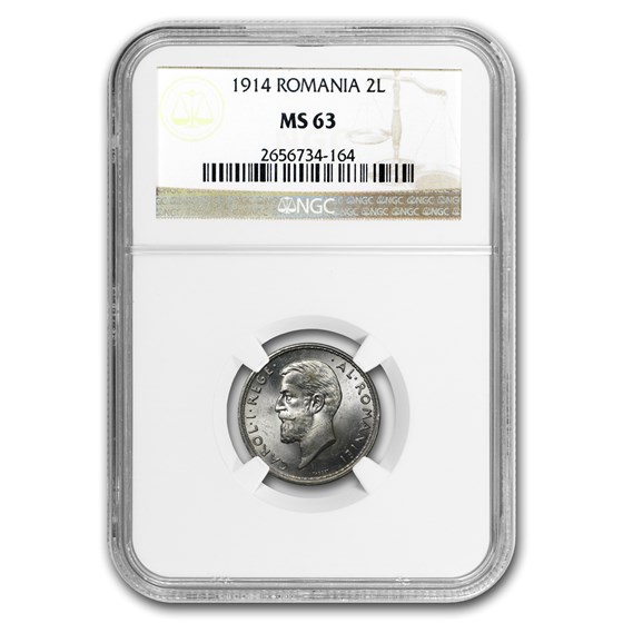 1914 Romania Silver 2 Lei MS-63 NGC 1914 Romania Silver 2 Lei MS-63 NGC