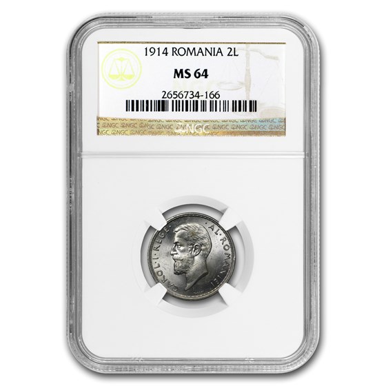 1914 Romania Silver 2 Lei MS-64 NGC 1914 Romania Silver 2 Lei MS-64 NGC