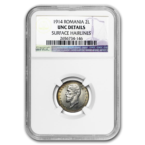 1914 Romania Silver 2 Lei Unc Details NGC 1914 Romania Silver 2 Lei Unc Details NGC