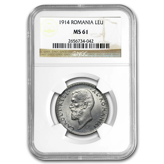 1914 Romania Silver Leu MS-61 NGC 1914 Romania Silver Leu MS-61 NGC