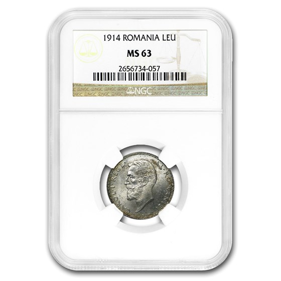 1914 Romania Silver Leu MS-63 NGC 1914 Romania Silver Leu MS-63 NGC
