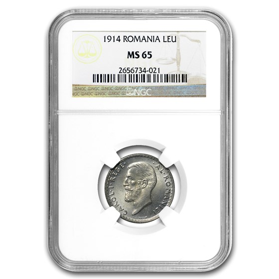 1914 Romania Silver Leu MS-64 NGC 1914 Romania Silver Leu MS-64 NGC