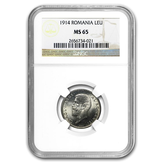 1914 Romania Silver Leu MS-65 NGC 1914 Romania Silver Leu MS-65 NGC