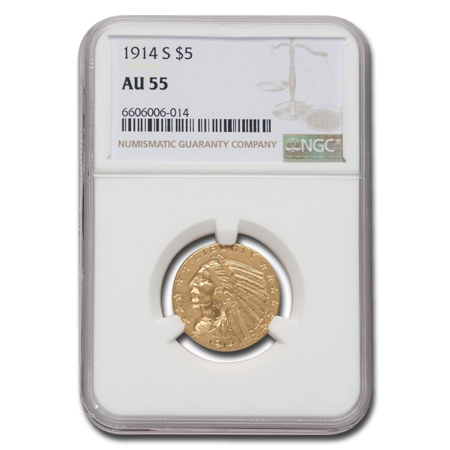 1914-S $5 Indian Gold Half Eagle AU-55 NGC