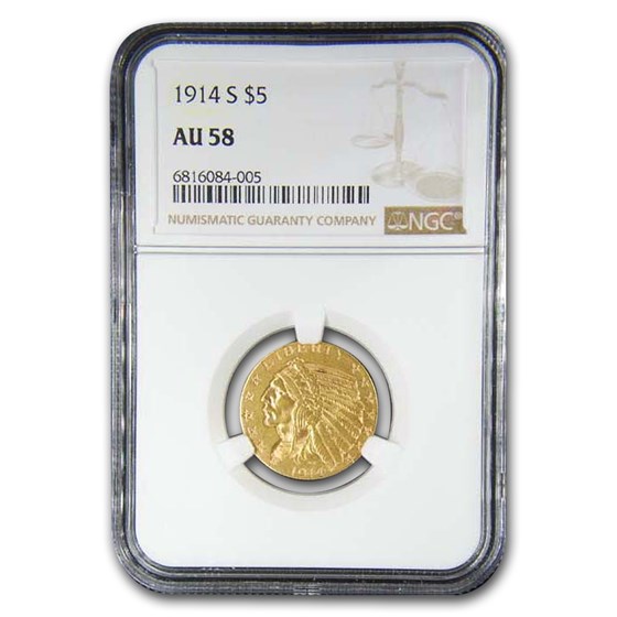 1914-S $5 Indian Gold Half Eagle AU-58 NGC 1914-S $5 Indian Gold Half Eagle AU-58 NGC