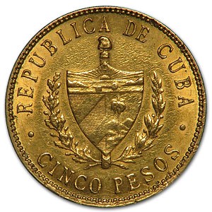 1915-1916 Cuba Gold 5 Peso XF 1915-1916 Cuba Gold 5 Peso XF