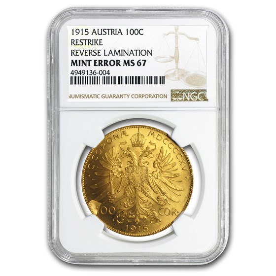 1915 Austria Gold 100 Corona MS-67 NGC (Mint Error) 1915 Austria Gold 100 Corona MS-67 NGC (Mint Error)