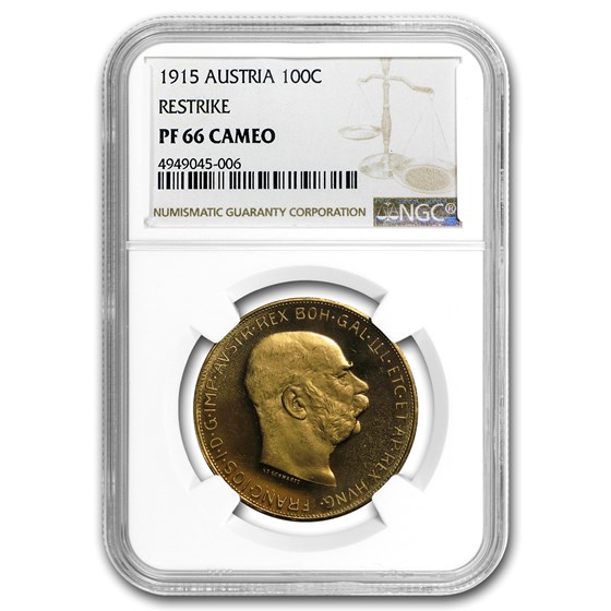 1915 Austria Gold 100 Corona PF-66 Cameo NGC (Restrike) 1915 Austria Gold 100 Corona PF-66 Cameo NGC (Restrike)