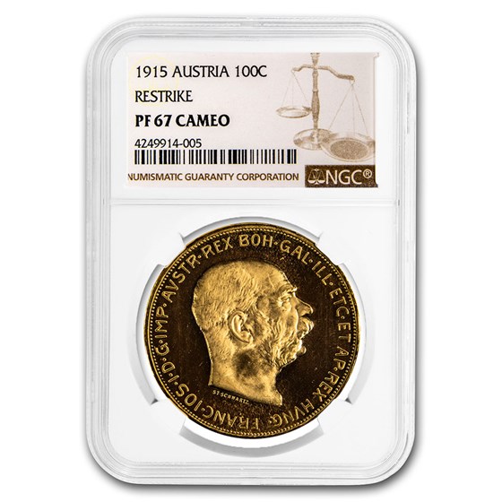 1915 Austria Gold 100 Corona PF-67 Cameo NGC (Restrike) 1915 Austria Gold 100 Corona PF-67 Cameo NGC (Restrike)