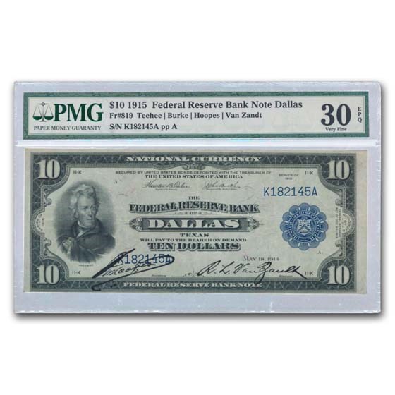 1915 (K-Dallas) $10.00 FRBN VF-30 EPQ PMG (Fr#819) 1915 (K-Dallas) $10.00 FRBN VF-30 EPQ PMG (Fr#819)