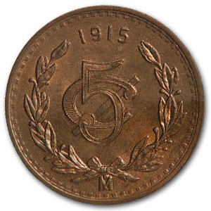 1915 Mexico 5 Centavos Bronze BU Red Details KM#422 1915 Mexico 5 Centavos Bronze BU Red Details KM#422