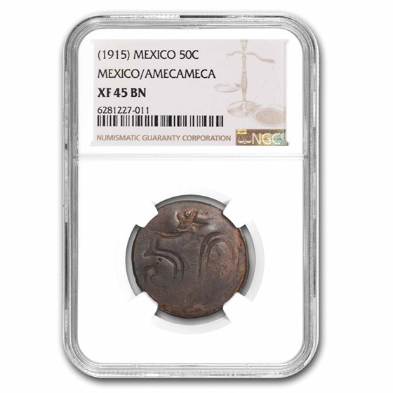 (1915) Mexico Copper 50 Centavos Amecameca XF-45 NGC (Brown) (1915) Mexico Copper 50 Centavos Amecameca XF-45 NGC (Brown)