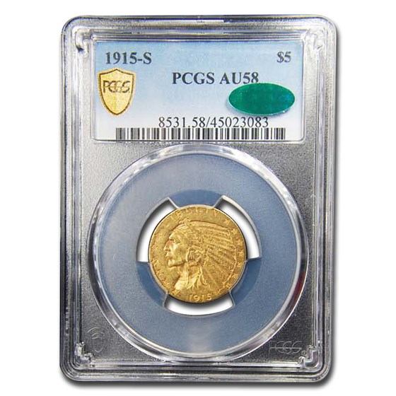 1915-S $5 Indian Gold Half Eagle AU-58 PCGS CAC 1915-S $5 Indian Gold Half Eagle AU-58 PCGS CAC