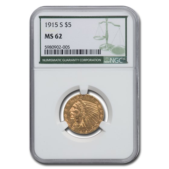 1915-S $5 Indian Gold Half Eagle MS-62 NGC (Green Label)
