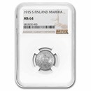 1915-S Finland Silver 1 Markaa MS-64 NGC