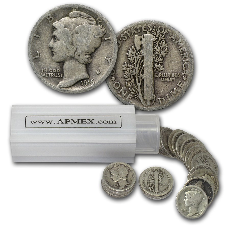 1916 Mercury Dime 50-Coin Roll Avg Circ