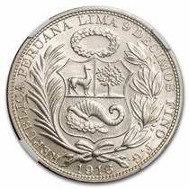 1916 Peru Silver 1 Sol MS-61 NGC (LIBERTAD Incuse)