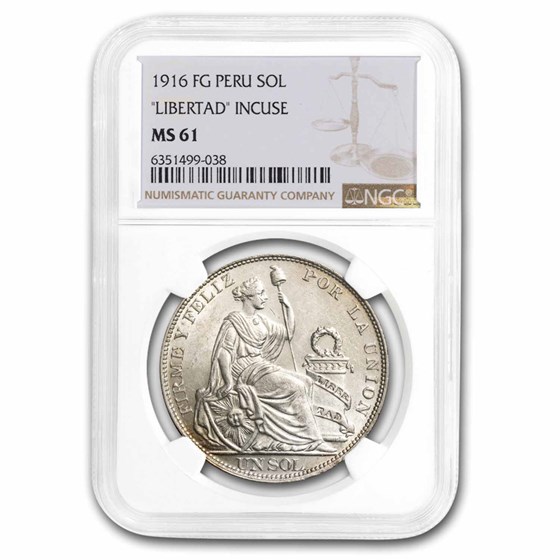 1916 Peru Silver 1 Sol MS-61 NGC (LIBERTAD Incuse) 1916 Peru Silver 1 Sol MS-61 NGC (LIBERTAD Incuse)