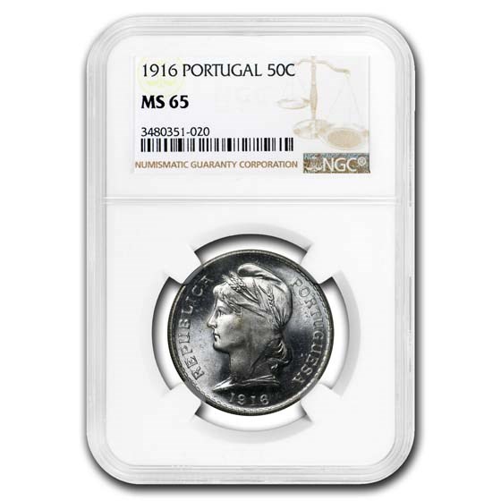 1916 Portugal Silver 50 Centavos MS-65 NGC 1916 Portugal Silver 50 Centavos MS-65 NGC