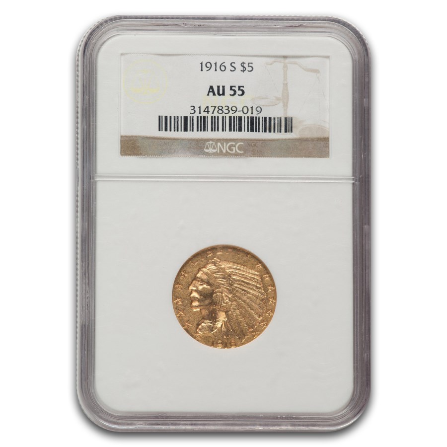 1916-S $5 Indian Gold Half Eagle AU-55 NGC (Golden Gate Collect)