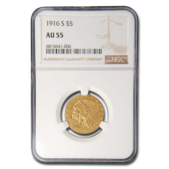 1916-S $5 Indian Gold Half Eagle AU-55 NGC 1916-S $5 Indian Gold Half Eagle AU-55 NGC